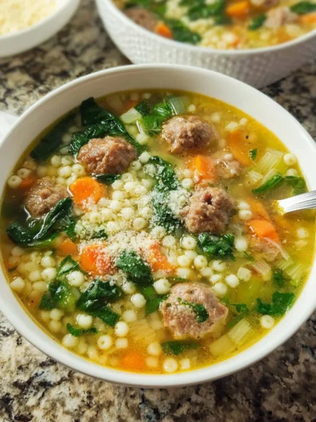A bowl of delicious Italian wedding soup with meatballs and greens.