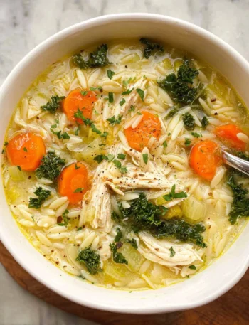 A bowl of lemon chicken orzo soup garnished with fresh herbs and lemon slices.