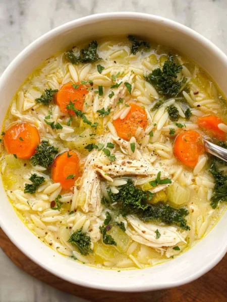 A bowl of lemon chicken orzo soup garnished with fresh herbs and lemon slices.