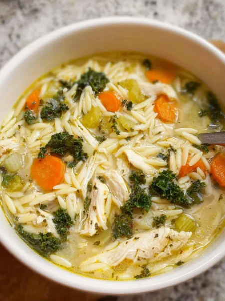 Bowl of delicious Lemon Chicken Orzo Soup with fresh herbs and lemon slices.