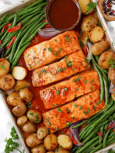 Maple glazed sheet pan salmon served with fresh vegetables on a baking tray.