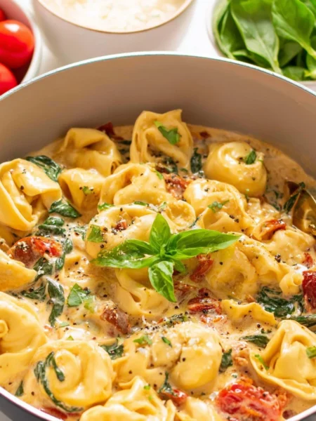 Delicious Marry Me Tortellini recipe served on a plate with fresh basil