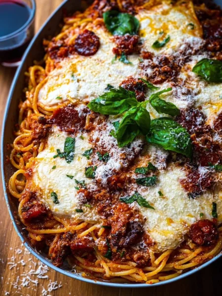 Delicious Million Dollar Baked Spaghetti topped with melted cheese and herbs