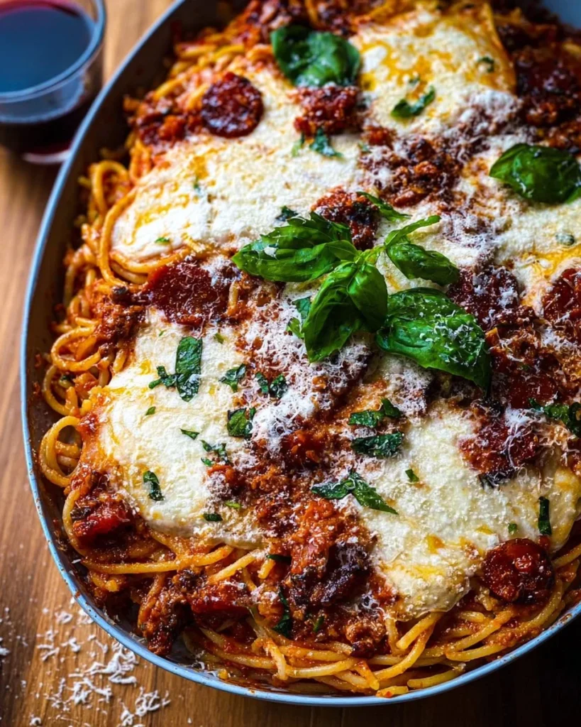Delicious Million Dollar Baked Spaghetti topped with melted cheese and herbs