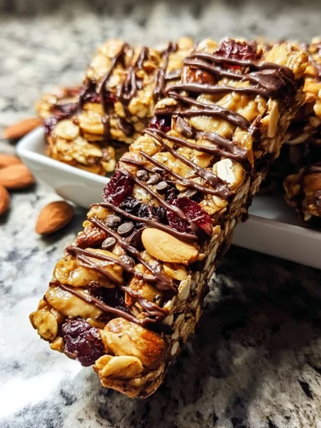Nutritious homemade granola bars made with oats, nuts, and dried fruits.