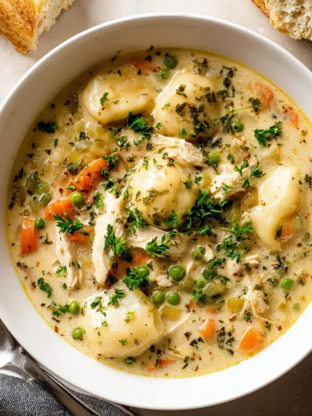 Delicious one pot chicken dumpling soup served in a bowl