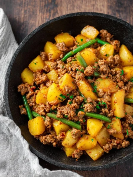 One pot ground beef and potatoes dish in a serving bowl.