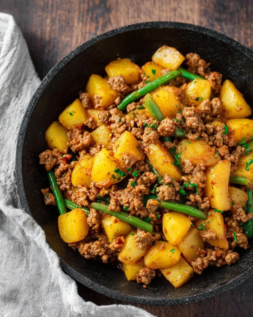 One pot ground beef and potatoes dish in a serving bowl.