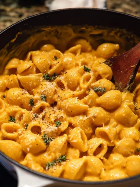 One Pot Stove-Top Pumpkin Mac and Cheese in a creamy sauce