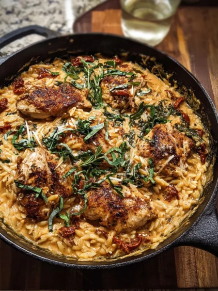 One skillet creamy chicken with sun-dried tomatoes and orzo