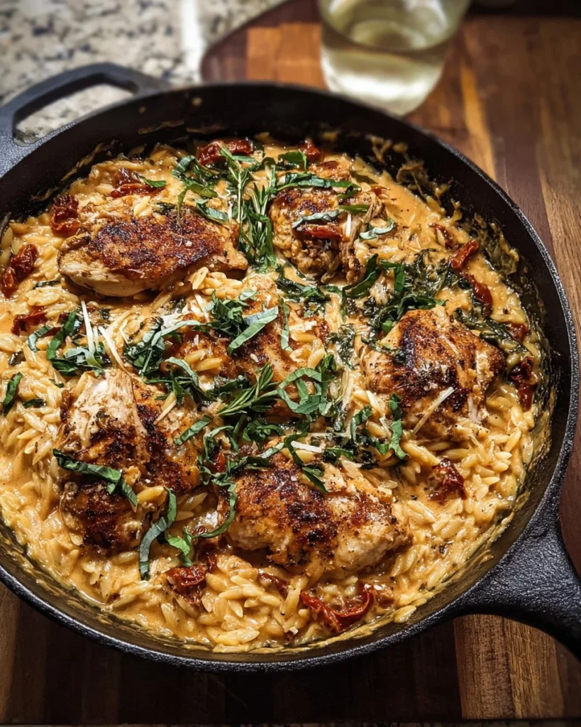 One skillet creamy chicken with sun-dried tomatoes and orzo