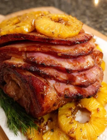 Pineapple Brown Sugar Ham garnished with pineapple rings and glaze