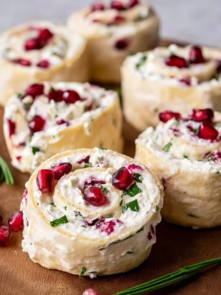 Pomegranate, feta, and chive pinwheels on a plate.