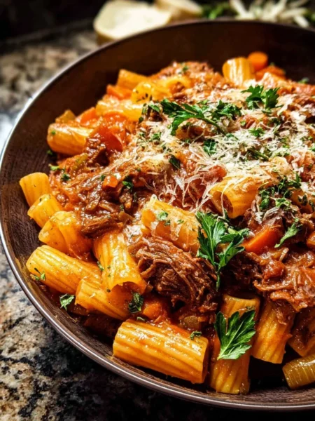 Plate of pot roast Sunday sauce served over rigatoni pasta