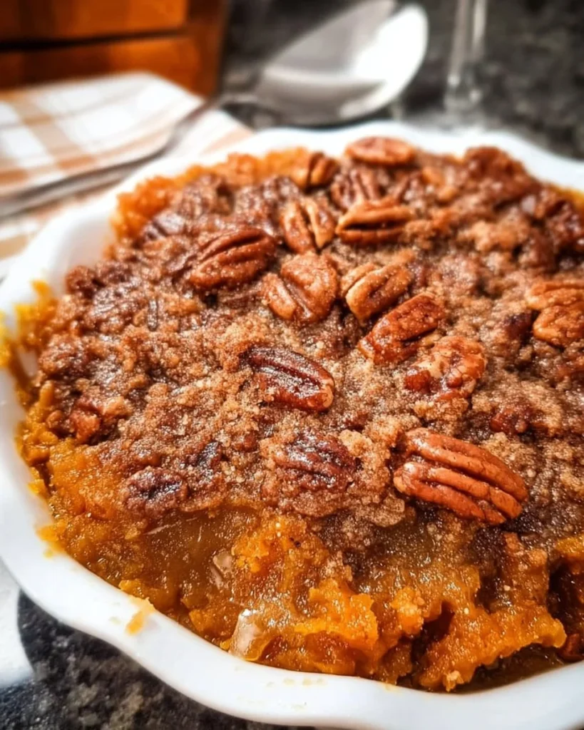 Delicious pumpkin pecan pie cobbler dessert topped with whipped cream