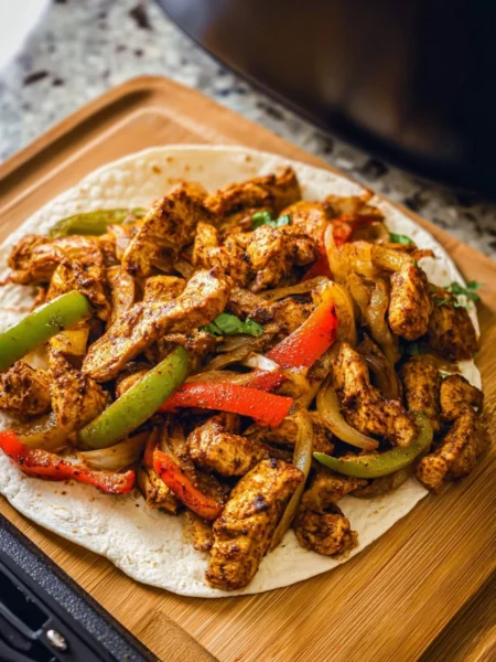 Quick air fryer chicken fajitas served with colorful bell peppers and onions