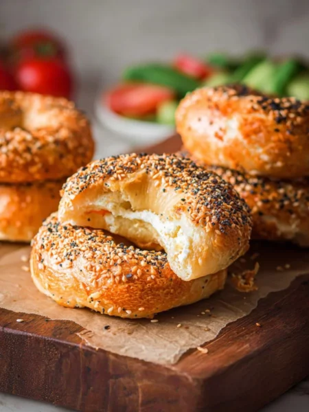 Freshly baked air fryer bagels placed on a cooling rack