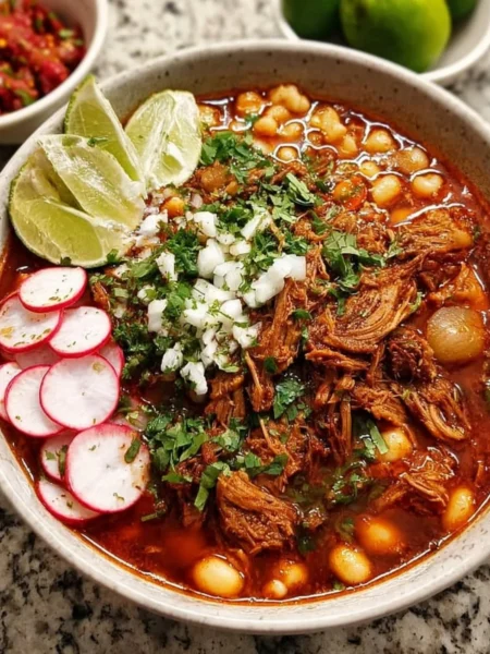 Bowl of Red Pozole with Shredded Pork and garnishes