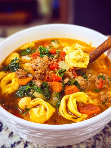 Bowl of Sausage Tortellini Soup garnished with parsley and Parmesan cheese.