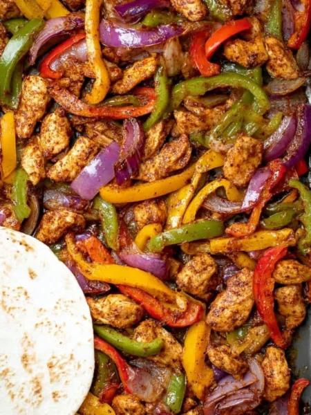 Sheet Pan Chicken Fajitas with colorful vegetables and chicken on a baking tray