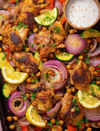 Delicious Sheet Pan Chicken Shawarma ready to serve on a plate.