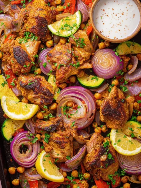 Delicious Sheet Pan Chicken Shawarma ready to serve on a plate.