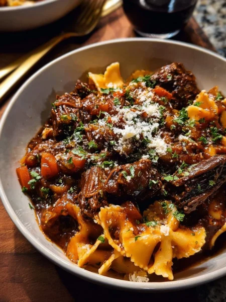 A delicious plate of slow cooker red wine braised short rib pasta garnished with herbs.