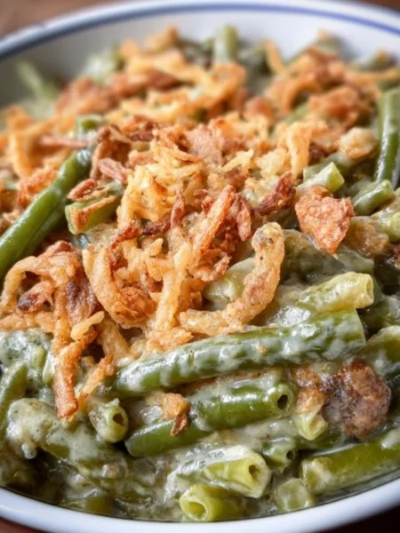 Smoked green bean casserole topped with crispy onions and herbs