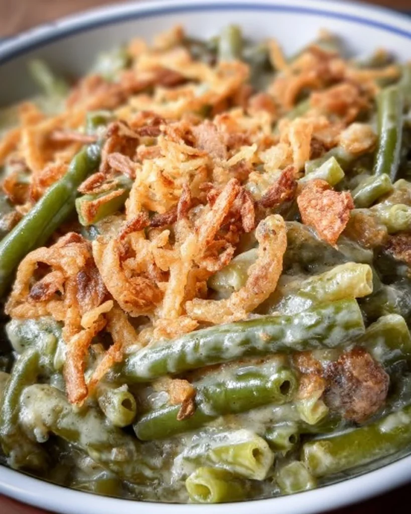 Smoked green bean casserole topped with crispy onions and herbs