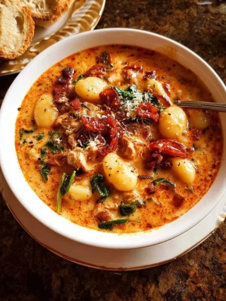 Spicy Italian chicken gnocchi soup garnished with herbs in a bowl
