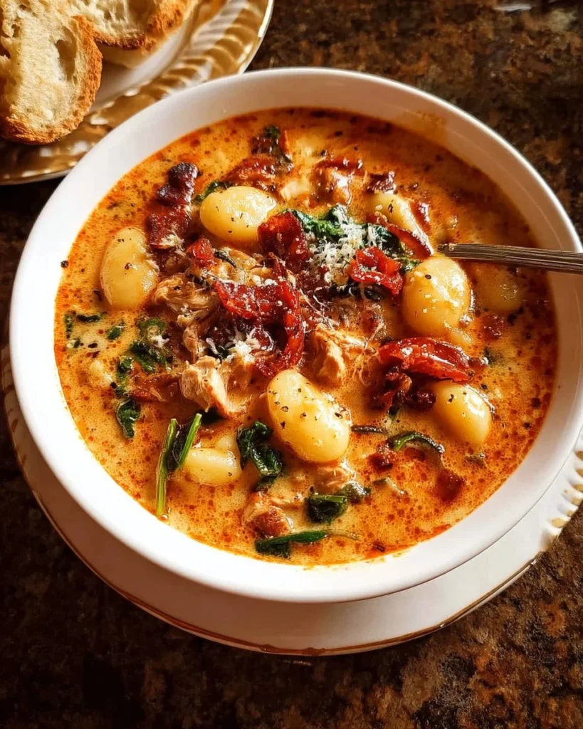 Spicy Italian chicken gnocchi soup garnished with herbs in a bowl