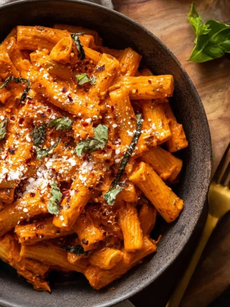 Spicy Pesto Pasta with Vodka served in a bowl garnished with fresh basil