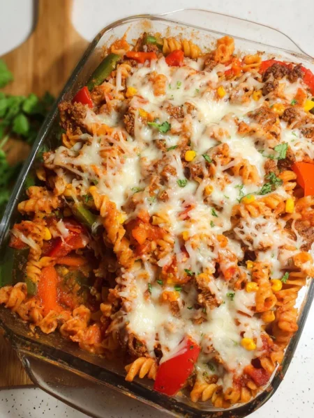 Delicious stuffed pepper pasta bake in a dish, topped with cheese and herbs.
