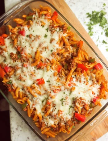 Stuffed pepper pasta bake dish served in a casserole dish