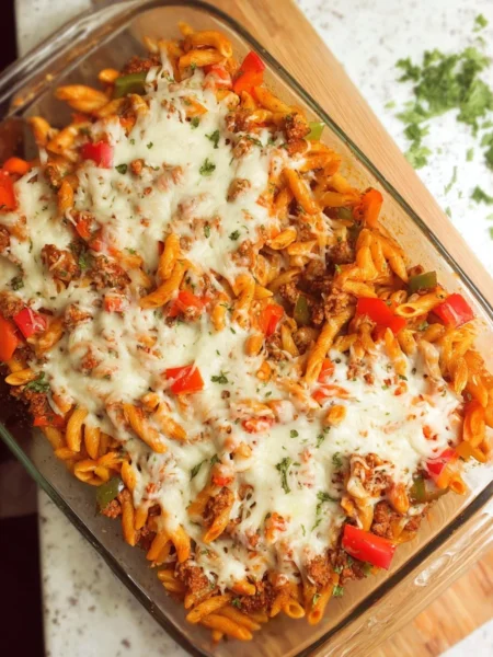 Stuffed pepper pasta bake dish served in a casserole dish