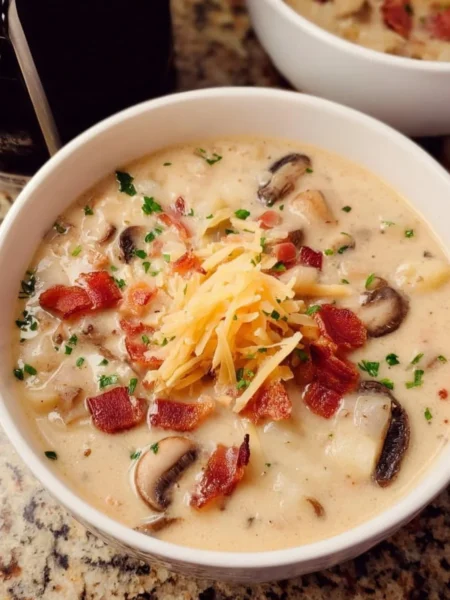 Bowl of Swiss Mushroom Potato Soup with crispy bacon on top