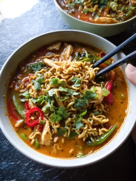 Bowl of Thai Peanut Chicken Ramen garnished with fresh herbs and peanuts