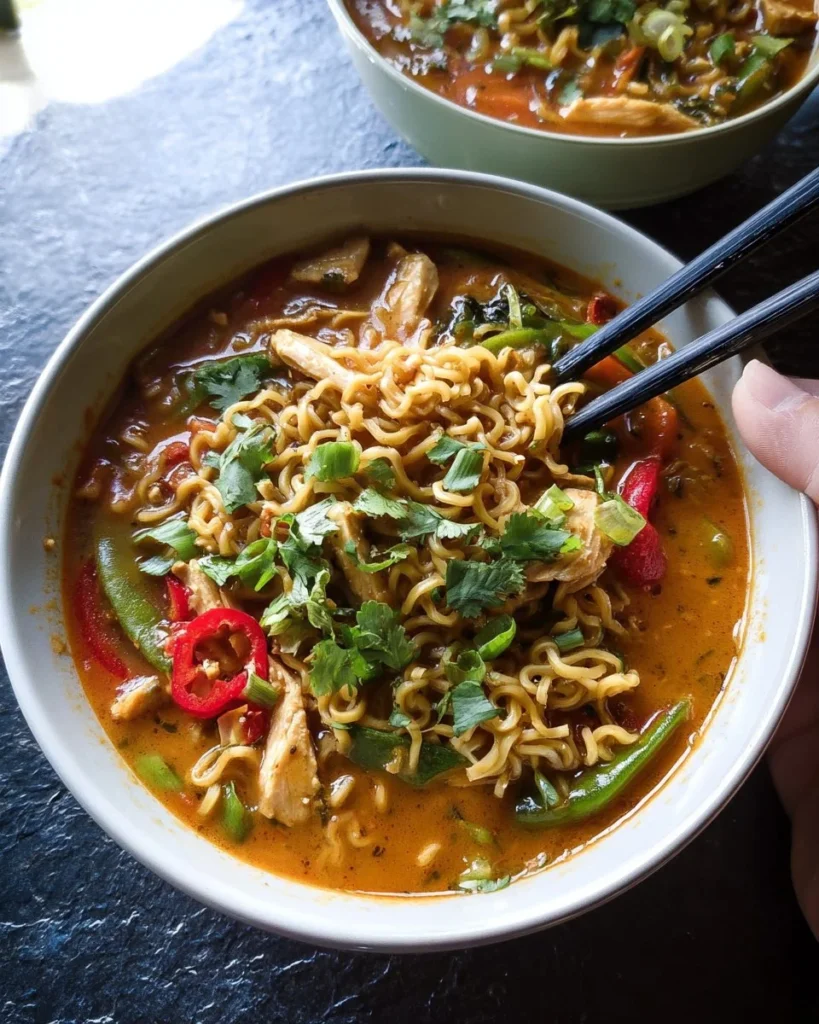 Bowl of Thai Peanut Chicken Ramen garnished with fresh herbs and peanuts