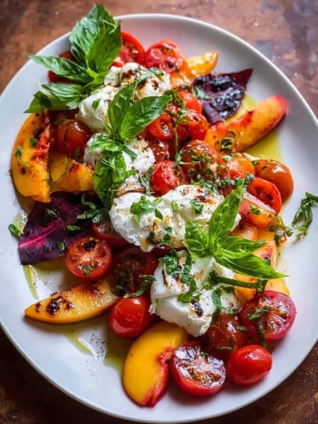 Delicious Tomato Peach Salad with burrata cheese, fresh herbs, and vibrant colors.