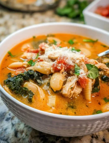 A bowl of hearty Tuscan Chicken Soup filled with vegetables and chicken.