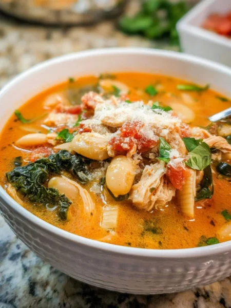A bowl of hearty Tuscan Chicken Soup filled with vegetables and chicken.